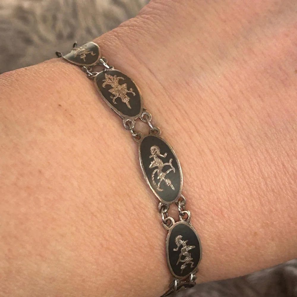 Antique Siam sterling silver nielloware panel bracelet